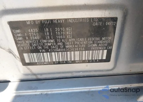 2012 Subaru Legacy 2.5I Premium z USA, uszkodzony, nr VIN 4S3BMBB63C3038156